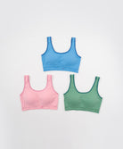 Three colorful sports bras