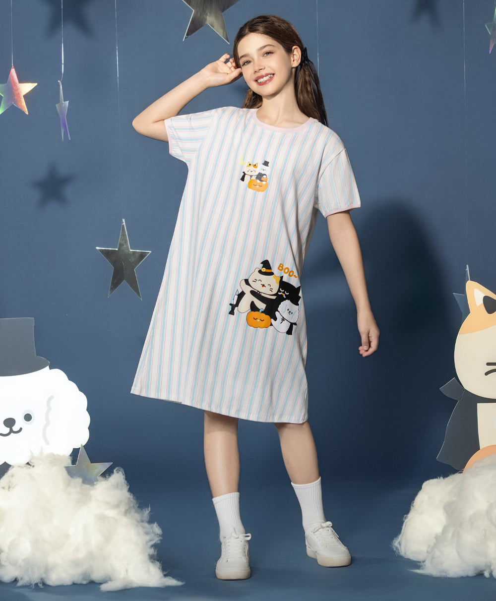 Junior Meow-lloweeen Party Short Sleeves Sleep Dress