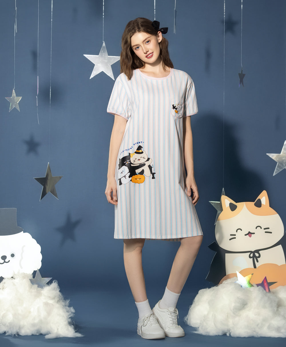 Meow-lloweeen Party Short Sleeves Sleep Dress