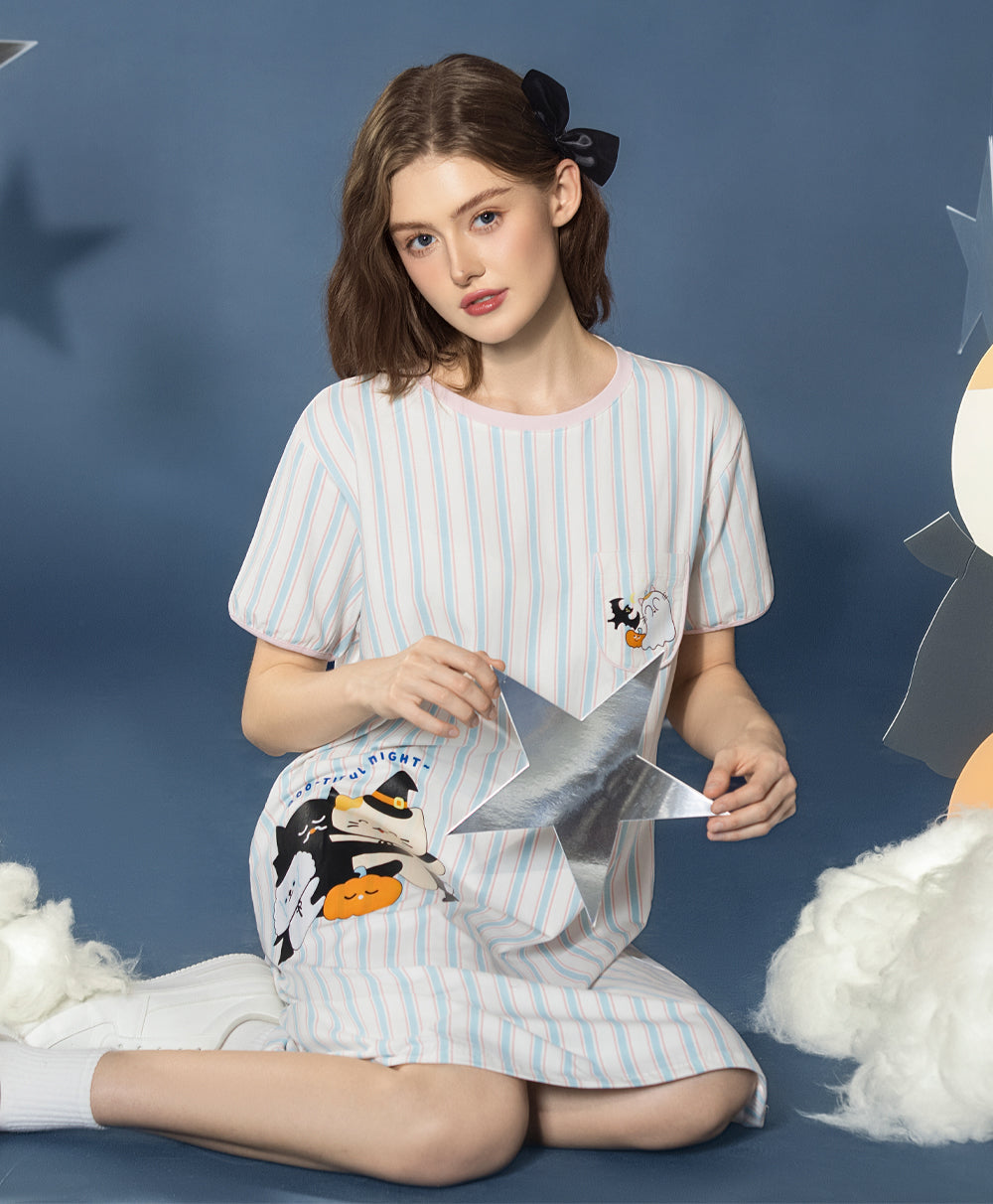 Meow-lloweeen Party Short Sleeves Sleep Dress