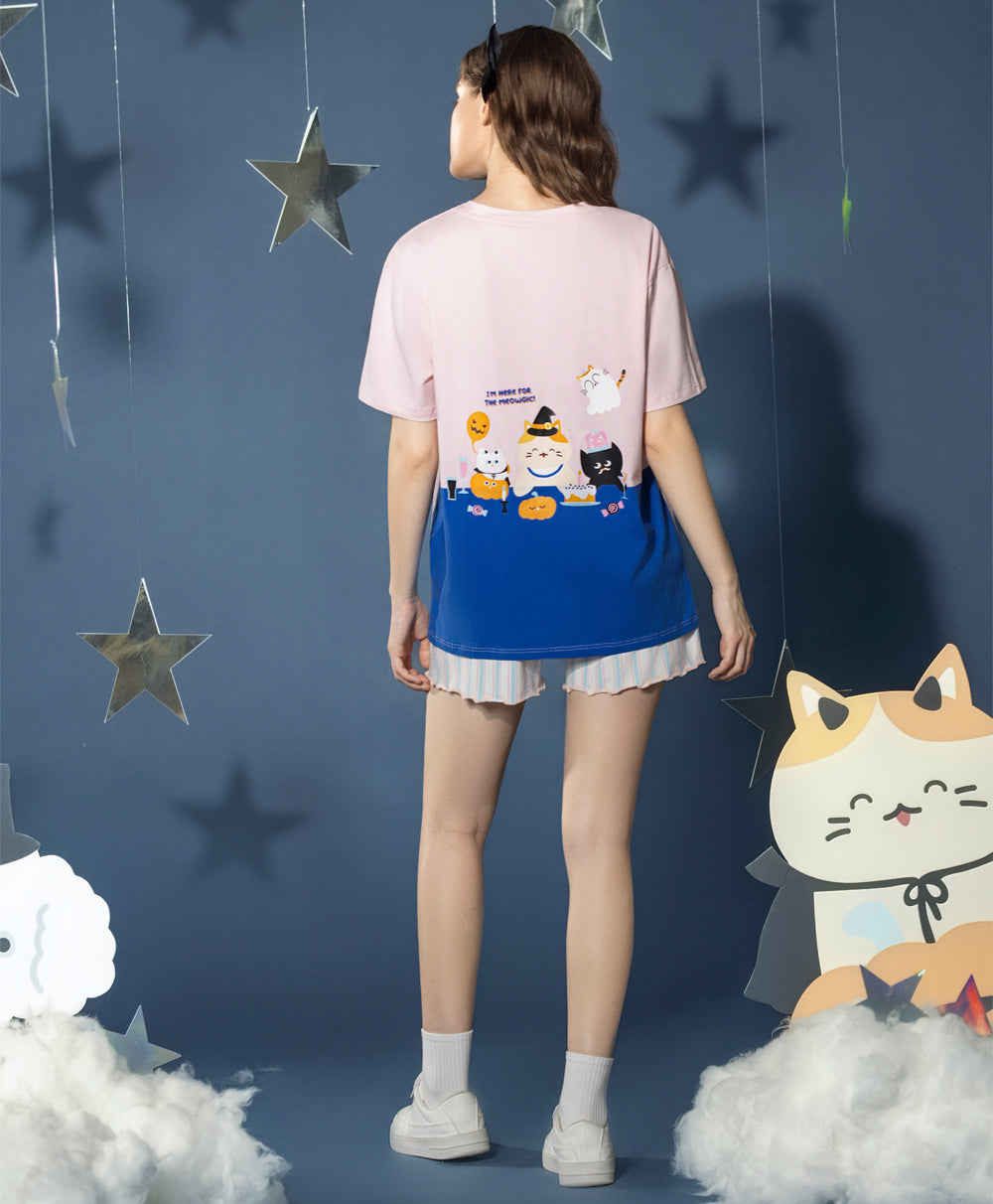 Meow-lloweeen Party Short Sleeves Top and Short Sleep Set