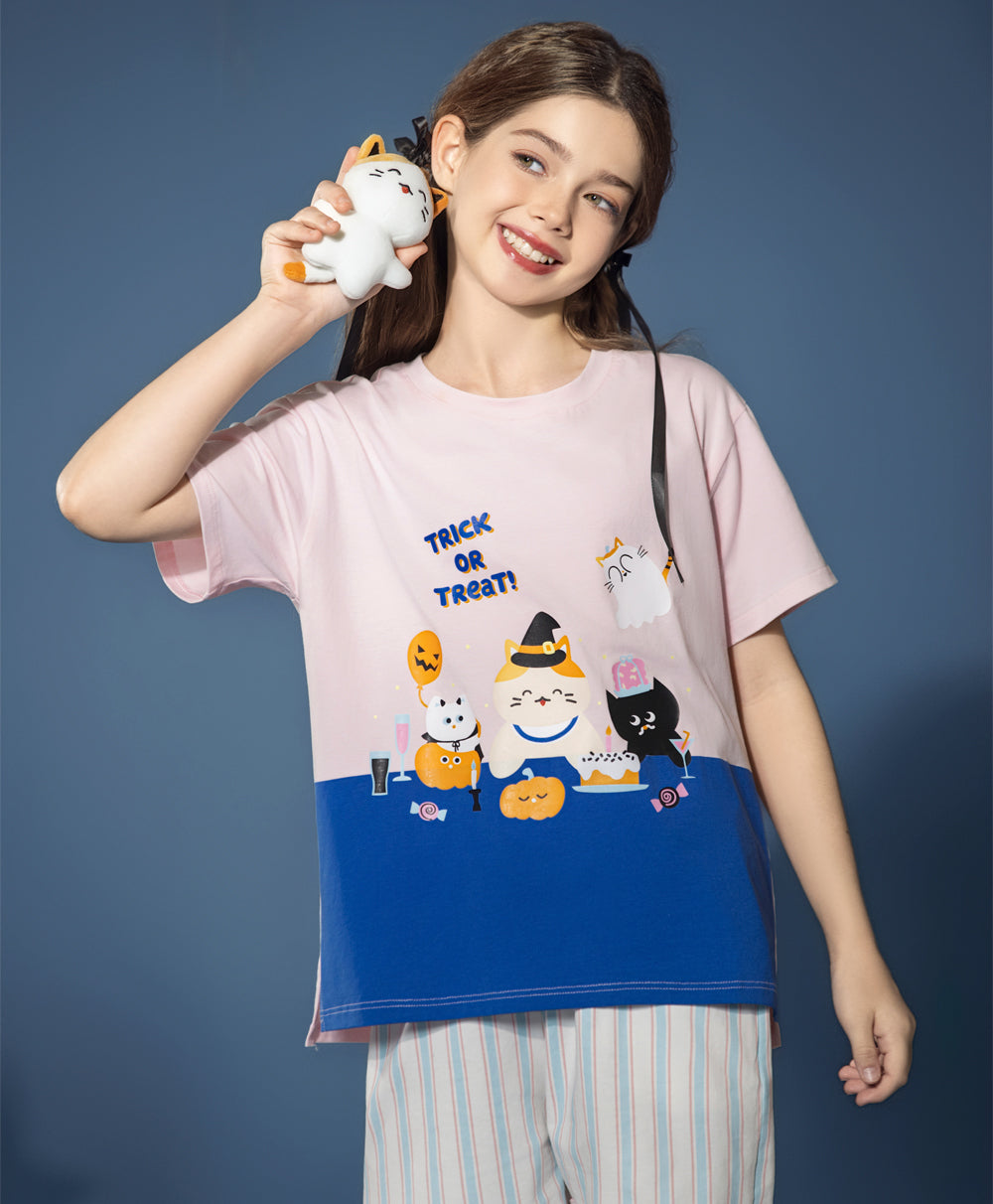 Junior Meow-lloweeen Party Short Sleeves Top and Short Sleep Set