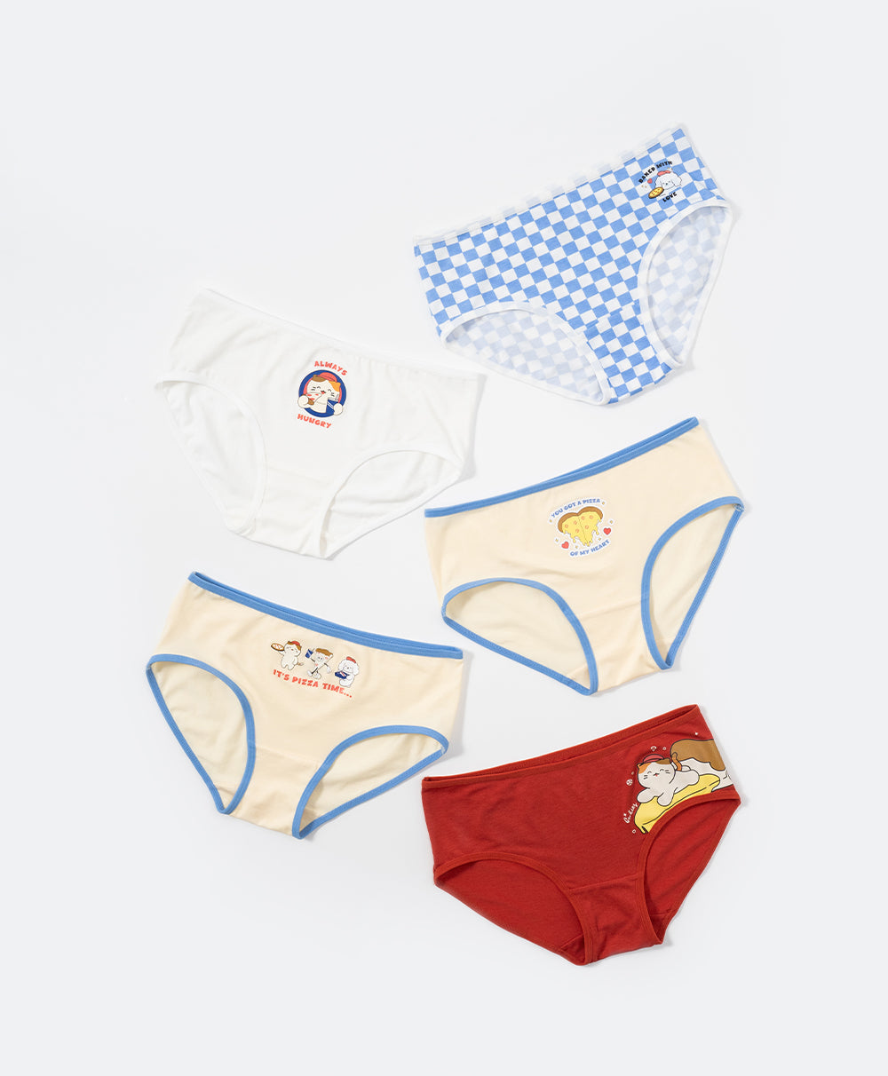 Harmony & Cookies Pizza Paradise Low Waist Hipster 5pcs Lyocell Cotton Spandex Graphic Pack Panties