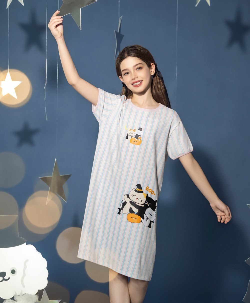 Junior Meow-lloweeen Party Short Sleeves Sleep Dress