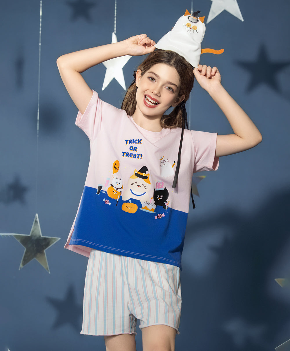 Junior Meow-lloweeen Party Short Sleeves Top and Short Sleep Set