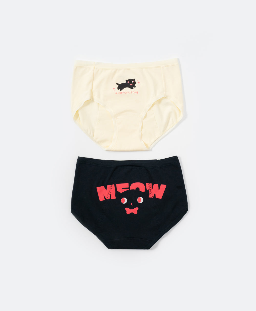 Little Black Cat Cotton Spandex Mid Waist Hipster 2pcs Sanitary Panties Pack