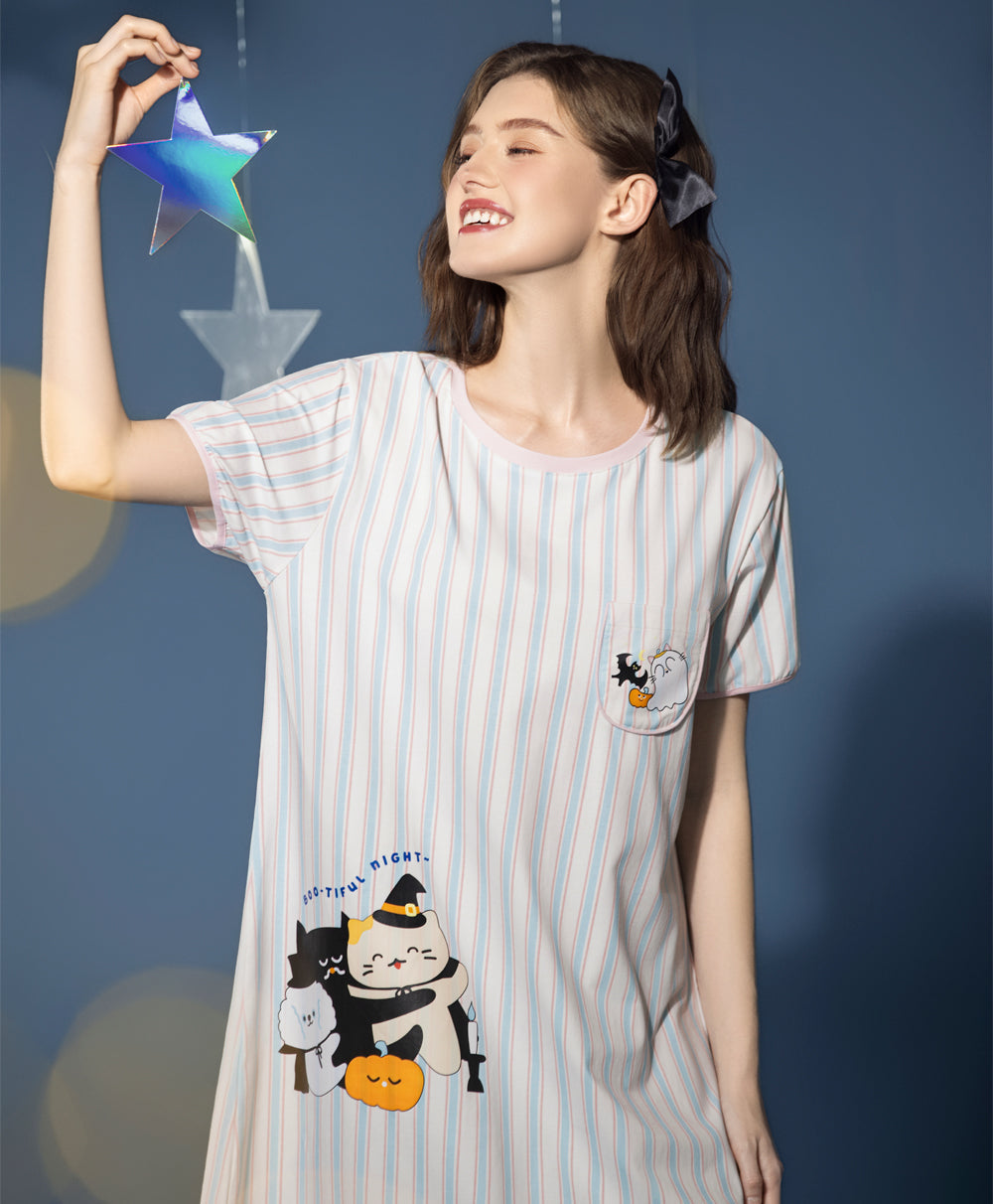 Meow-lloweeen Party Short Sleeves Sleep Dress