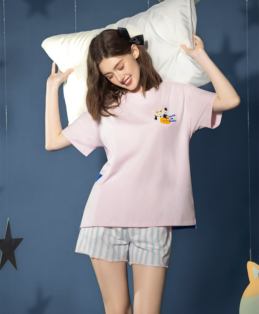 Meow-lloweeen Party Short Sleeves Top and Short Sleep Set